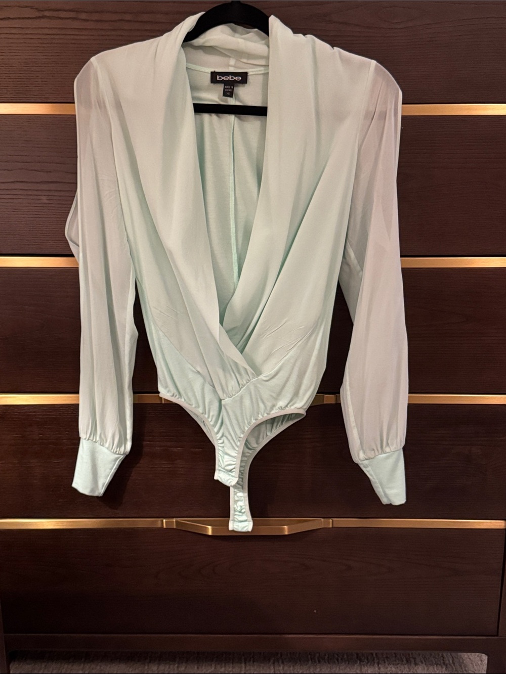 bebe Mint Green Draped V-Neck Long Sleeve Bodysuit